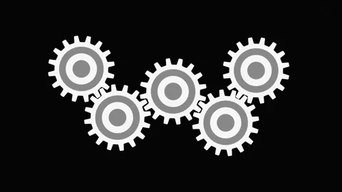 Seamless Flat Gear Animation - Rotating White and Grey Cogs on Black Background Video stock 343582015
