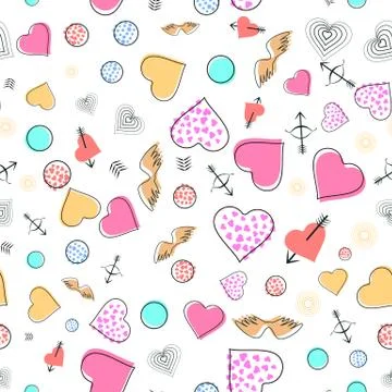 Seamless flat pattern with cupid, hearts and angel wings for Valentines day Stock Illustration