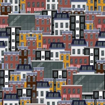 Seamless flat pattern with different city buildings. city background Stock Illustration