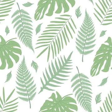Seamless flat pattern with fern, palm and monstera Stock Illustration
