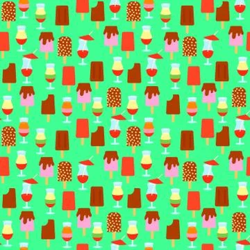 Seamless flat pattern with ice cream and cocktails Stock Illustration