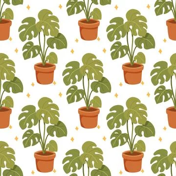 Seamless flat pattern with monstera houseplant in pot on white background Stock Illustration