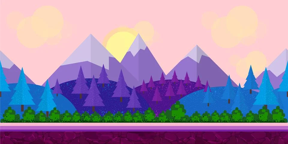 Seamless Flat style game background trees, mountains and cloudy sky layers Ilustración de archivo