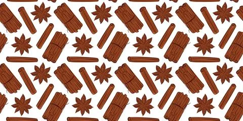 Seamless flat style pattern with cinnamon stick and star anise. Perfect for Stock Illustration