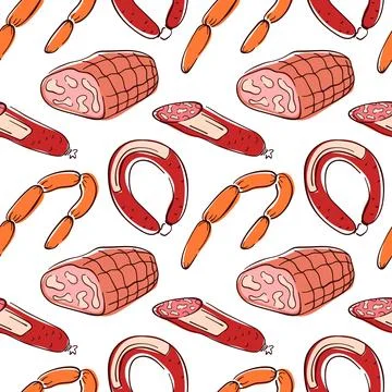 Seamless flat style pattern with sausage and ham on white background. Perfect Stock Illustration