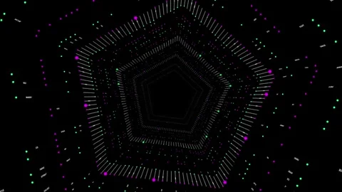 Seamless flight through neon pentagon tunnel digital lines and particles Stock Footage 327577005