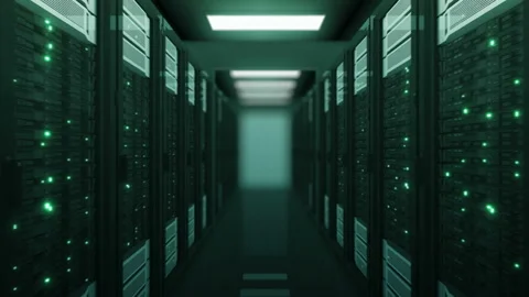 Seamless Flight Through the Server Racks Green Color in Data Center DOF Blur 動画素材 95551582