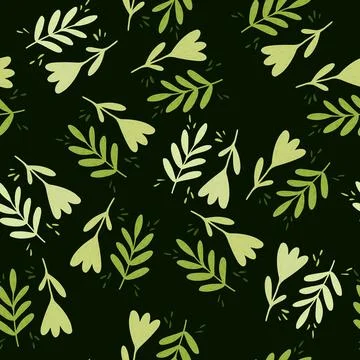 Seamless flora pattern with doodle branches and flower elements on dark green Stock Illustration