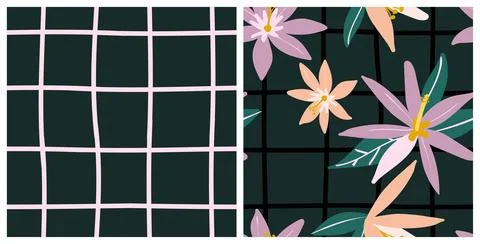Seamless floral and grid pattern set Illustrazione stock