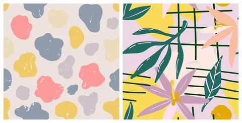 Seamless floral and spots pattern set Stock Illustration