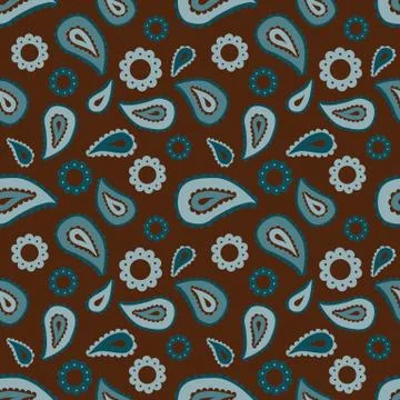 Seamless floral colored pattern with blue plants, flowers and leaves on brown Stock Illustration