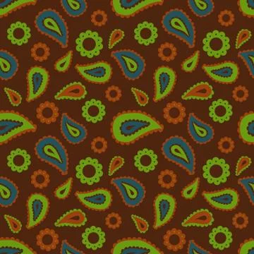 Seamless floral colored pattern with green, blue, brown and orange plants, fl Stock Illustration