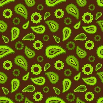 Seamless floral colored pattern with green plants, flowers and leaves on brow Stock Illustration