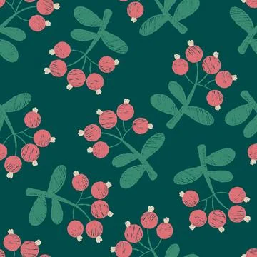 Seamless Floral Crayon Pattern. Red Berries on Green Alexandrite Background.. Illustrazione stock