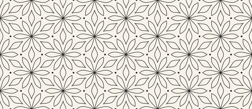 Seamless floral geometric pattern with outlined flowers, leaves and dots on warm Иллюстрация
