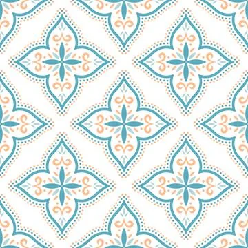 Seamless Floral Geometric Pattern in Teal and Orange Stock Illustration