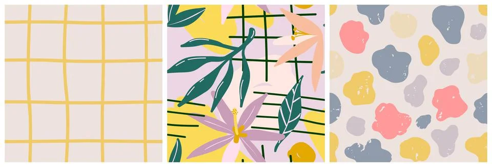 Seamless floral, grid, spots pattern set Stock Illustration