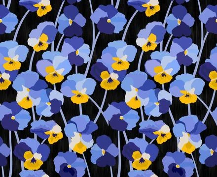 Seamless Floral Ikat Pattern with Blue Pansies on Black Background イラスト素材