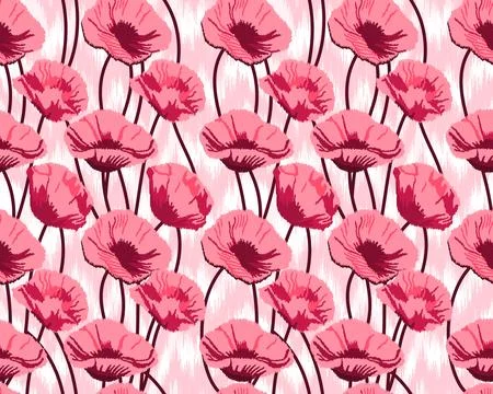Seamless Floral Ikat Pattern with Pink Poppies Stock Illustration