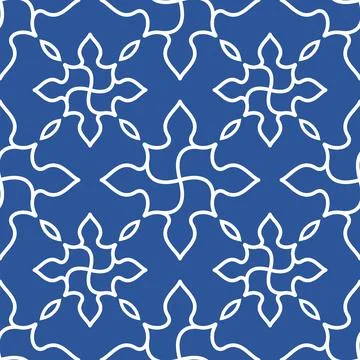 Seamless floral line art pattern with elegant white curves on a deep blue b.. Stock Illustration