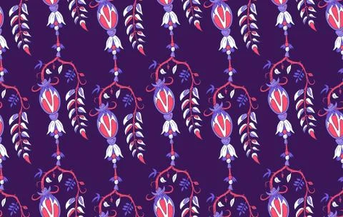 Seamless floral oriental pattern with vines curl branches, leaves &amp; flowers Stock Illustration