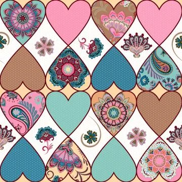 Seamless floral patchwork pattern with hearts and mandalas background. Vector 库存插图