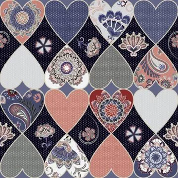Seamless floral patchwork pattern with hearts and mandalas background. Vector イラスト素材