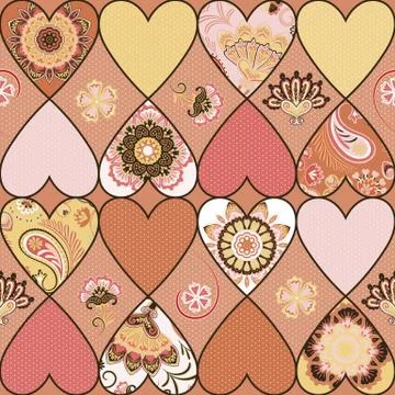 Seamless floral patchwork pattern with hearts and mandalas background. Vector 库存插图