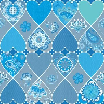 Seamless floral patchwork pattern with hearts and mandalas background. Vector 스톡 일러스트