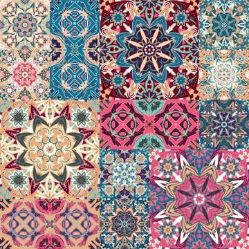 Seamless floral patchwork pattern. Vector checkered backgrounds set. Abstract イラスト素材