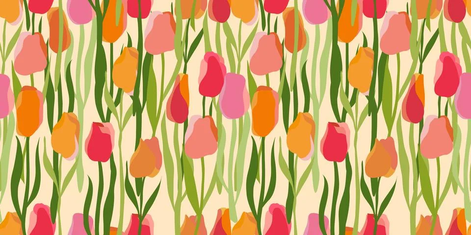 Seamless floral pattern with abstract flat tulips Stock Illustration