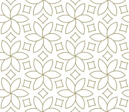 Seamless floral pattern with abstract geometric line texture, gold on white Stock Illustration