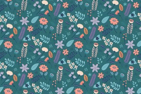Seamless floral pattern with abstract spring flowers and leaves on turquois.. Stock-Illustration