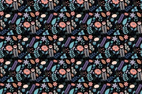 Seamless floral pattern with abstract spring flowers and leaves on dark bac.. 스톡 일러스트