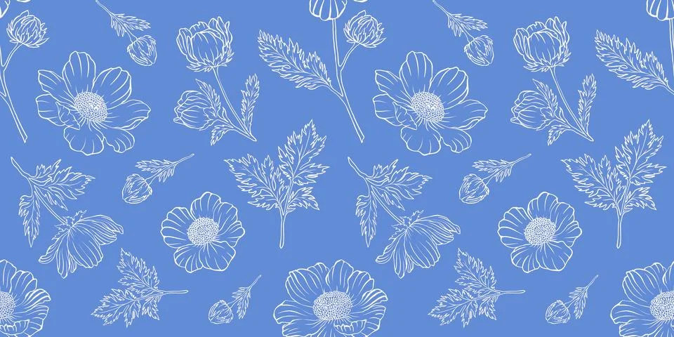 Seamless floral pattern adonis line graphic spring summer cute romantic contour Stock Illustration