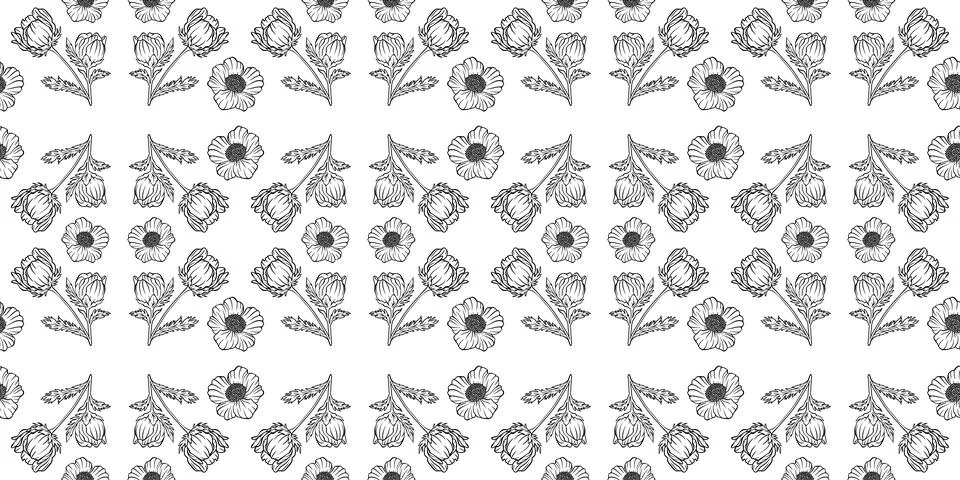 Seamless floral pattern adonis line graphic spring summer cute romantic contour Stock Illustration