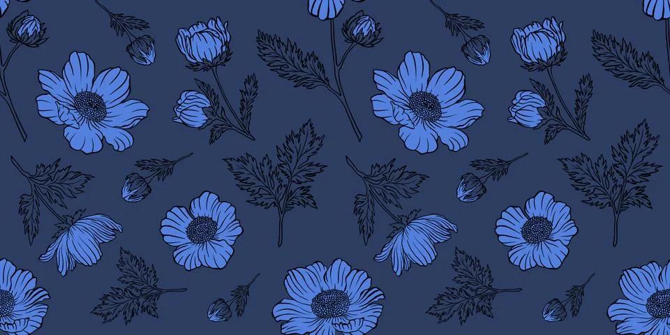 Seamless floral pattern adonis line graphic spring summer cute romantic contour Stock Illustration