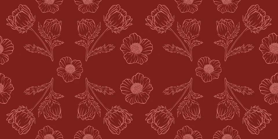 Seamless floral pattern adonis line graphic spring summer cute romantic contour Stock Illustration