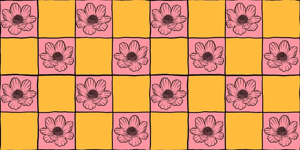 Seamless floral pattern adonis line graphic spring summer cute romantic contour Stock Illustration