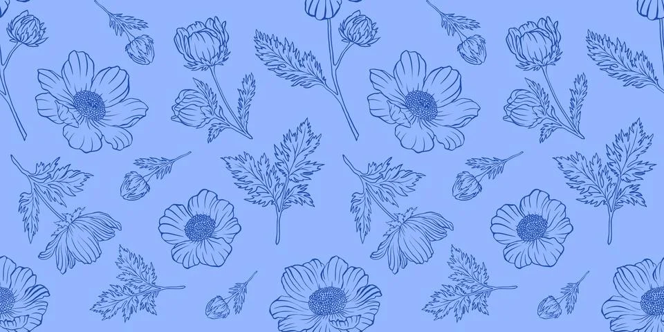 Seamless floral pattern adonis line graphic spring summer cute romantic contour Stock Illustration