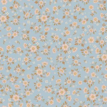 Seamless floral pattern with ancient folk flowers. Pastel colors on a pale bl Stock Illustration