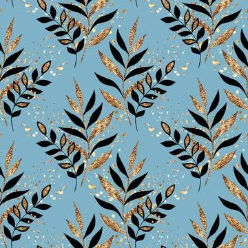 Seamless floral pattern background with black and gold leaves on blue Stock-Illustration