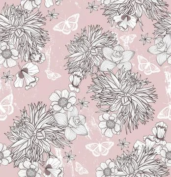 Seamless floral pattern. background with flowers and butterflies. Stock Illustration