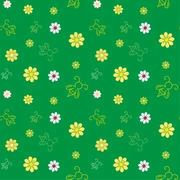 Seamless floral pattern background, Vector bee and flower in green tone, Hand 스톡 일러스트