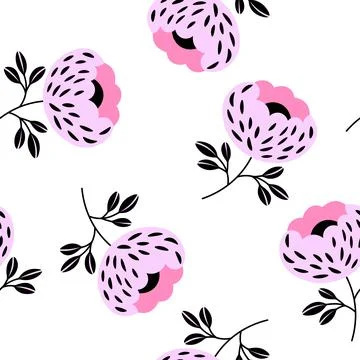 Seamless floral pattern based on traditional folk art ornaments. Pink and black Stock Illustration