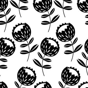 Seamless floral pattern based on traditional folk art ornaments. Black flowers Stock Illustration