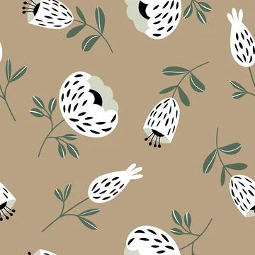 Seamless floral pattern based on traditional folk art ornaments. White and black Stock Illustration