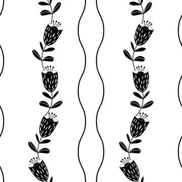 Seamless floral pattern based on traditional folk art ornaments. Black flowers Stock Illustration