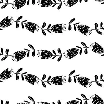 Seamless floral pattern based on traditional folk art ornaments. Black flowers Stock Illustration