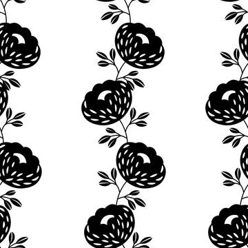 Seamless floral pattern based on traditional folk art ornaments. Black flowers Stock Illustration